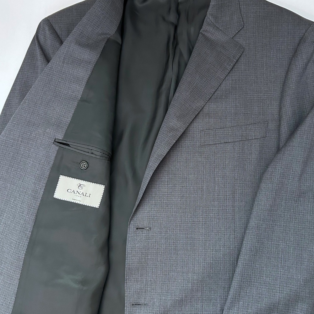 Canali Suit Jacket Men 44L Gray Blue Micro Check Wool 2 Button Made in Italy